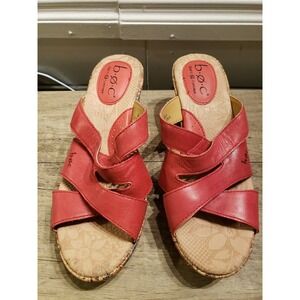 BOC‎ Born Concept Red Leather Flower Cork Wedge Heels Sandals Slides US 6 M/W